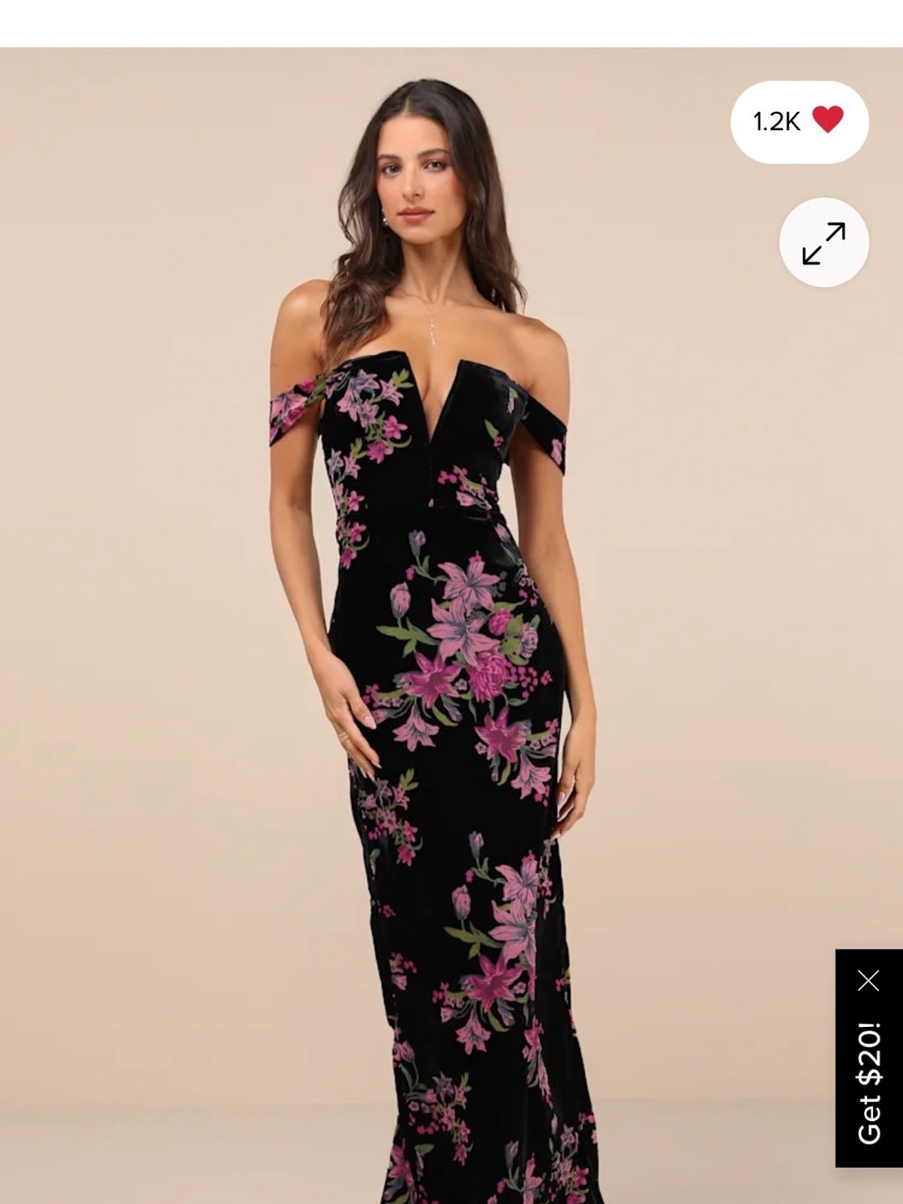 Lulu's Black Velvet Off-Shoulder Gown with Pink Floral Print